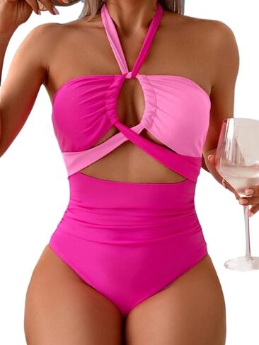Womens Backless Halter Neck Colorblock One-Piece Swimsuit Casual Monokini for Beach Vacation Summer in Saudi Arabia