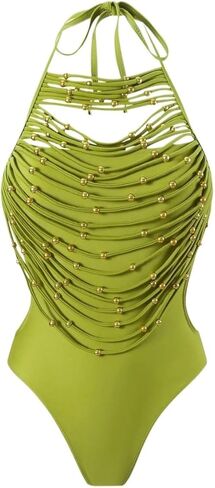 Women's Halter Neck Backless Monokini Swimsuit with Gold Beads & Tassels Perfect for Beach Vacations and Festivals in Saudi Arabia