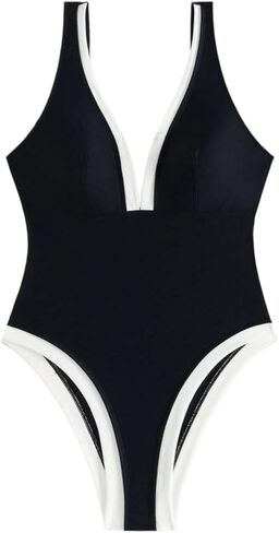 Womens Backless Colorblock One Piece Swimsuit Deep V Neck Monokini for Beach and Vacation in Saudi Arabia