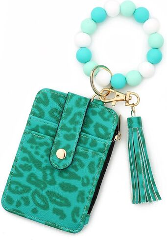 Cute Wristlet Keychain Wallet for Women Boho Credit Card Holder Silicone Beaded Tassel Coin Purse PU Leather Bracelet Wallet ﻿ (B) in Saudi Arabia