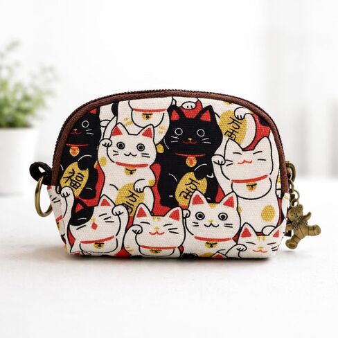 Cute Lucky Cat Coin Purse with Keychain, Small Fabric Zipper Pouch for Coins, Cards, and Accessories in Saudi Arabia