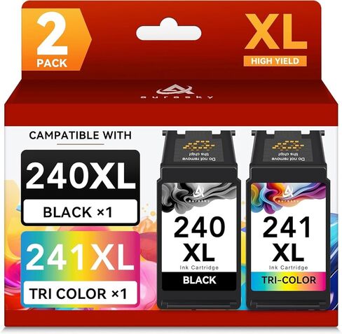 خراطيش حبر AURASKY PG-240XL/CL-241XL متوافقة مع Canon 240XL 241XL Combo Pack 240 241 حبر PIXMA MG3620 MG3600 TS5120 TS5100 MG3220 MG3520 MX472 حبر الطابعة (1 أسود، 1 ثلاثي الألوان) in Kuwait