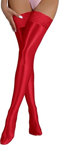 SEAUR Women's Shiny Oily Glossy Thigh High Stockings Sexy Sheer Over Knee High Socks Silicone Lace Top in Saudi Arabia