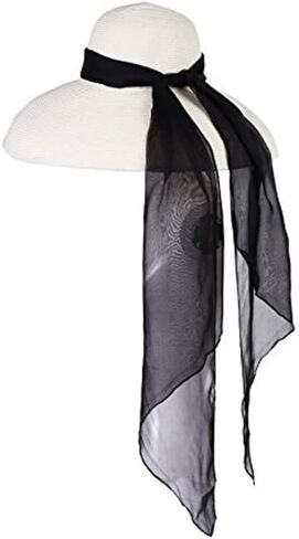 قبعة شمس MIU كبيرة الحجم للنساء من Utopiat - قبعة عطلة بيضاء أنيقة مع وشاح حريري، نمط ملابس الشاطئ العتيق in Kuwait