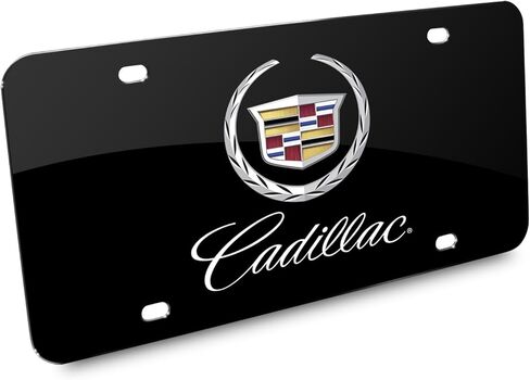 iPick Image for Cadillac 2013 Dual Logo UV Graphic Black Stainless Steel License Plate - Official Licensed in Saudi Arabia
