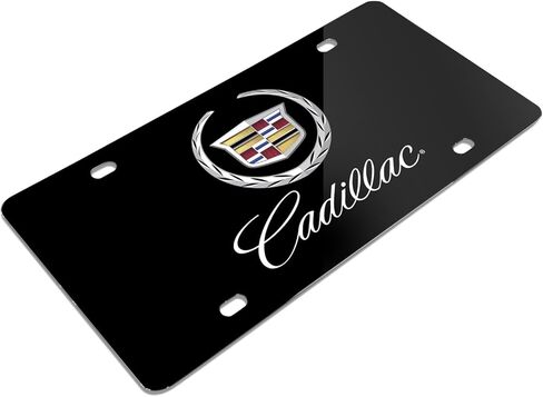iPick Image for Cadillac 2013 Dual Logo UV Graphic Black Stainless Steel License Plate - Official Licensed in Saudi Arabia