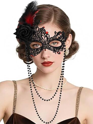 Masquerade Mask for Women Feather Ball Lace Mask Pearl Women Black Masks Venetian Mardi Gras Masks for Costume Party in Kuwait