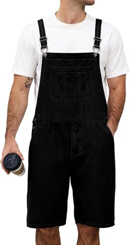 Men's Denim Overalls Cargo Jean Shorts Jumpsuit Loose Fit Work Bib Coveralls with Zipper in Kuwait