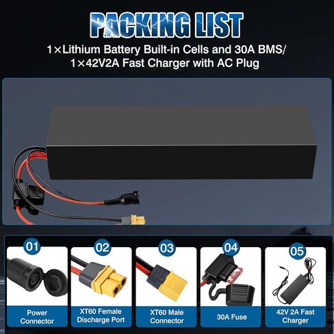 36V 10.6Ah Lithium Battery, Built-in 30A BMS, with 2A Charger, XT60 Connector, Compatible with 250W-1000W Motor, Universal Power Pack Rechargeable Batteries for Ebike, Motorcycles, Scooter, Tricycle in Saudi Arabia