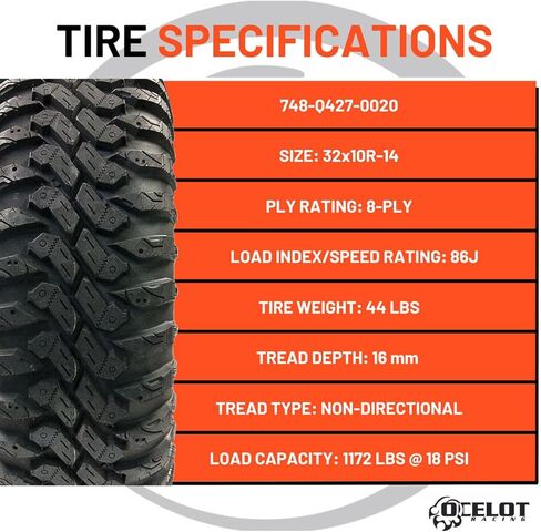 إطار Ocelot Ohanzee ATV/UTV مقاس 32x10R-14 عالي الأداء لركوب جميع التضاريس، هيكل شعاعي متين 8 طبقات ونمط مداس غير اتجاهي مع عروات سميكة للطرق الوعرة والظروف in Saudi Arabia