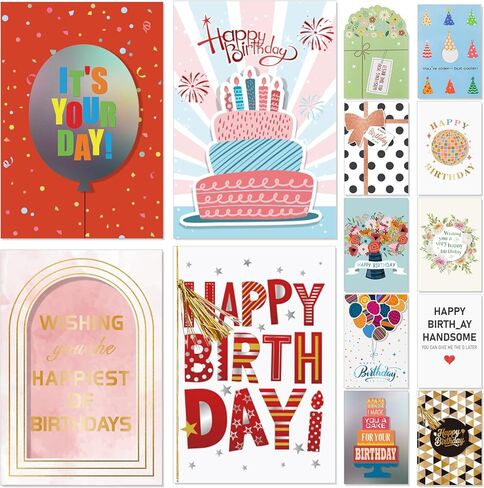 14 Pack 3D Handmade Birthday Cards Bulk with Envelopes, Unique Greeting Cards for Women & Men, 4.7×6.8 Inch, Gold Foil, Glitter, Happy Birthday Cards with Printed Messages – For Friends, Family, Coworkers in Saudi Arabia