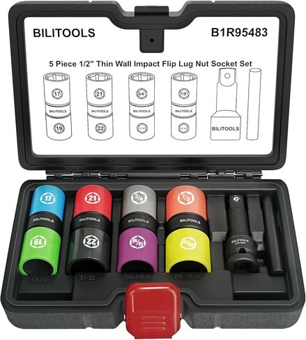 مجموعة مقابس صامولة العروة من BILITOOLS، مجموعة مقابس قلابة غير قابلة للارتطام مقاس 1/2 بوصة متري 17-19 - 21-22 مم وSAE 3/4-13/16-7/8-15/16 بوصة، مقبس صواميل واقي العجلة الرقيق in Kuwait