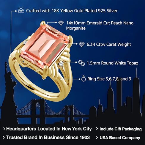 خاتم خطوبة للنساء من Gem Stone King مطلي بالذهب الأصفر عيار 18 قيراط وفضة وخوخ نانو مورغانيت وتوباز أبيض (6.34 قيراط، حجر بخت شهر أكتوبر، قطع الزمرد 14 × 10 مم) in Saudi Arabia