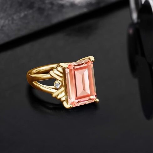 خاتم خطوبة للنساء من Gem Stone King مطلي بالذهب الأصفر عيار 18 قيراط وفضة وخوخ نانو مورغانيت وتوباز أبيض (6.34 قيراط، حجر بخت شهر أكتوبر، قطع الزمرد 14 × 10 مم) in Saudi Arabia