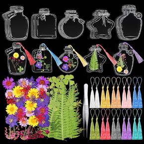 TaoBary 161 Pcs DIY Transparent Dried Flower Bookmark Set Include Clear Bookmarks Dried Flowers Colorful Tassels and Tweezer Handmade Dried Floral Bookmark for Reader Book Bottle(Delicate)