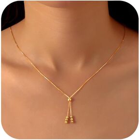 UTISUVIKO Lariat Gold Necklace for Women S925 Sterling Silver Dainty Layered Bead Necklaces 14k Gold Plated/Silver Adjustable Y-Shaped Tassel Round Beaded Pendant Long Chain Necklace for Mom Mother's Day Graduation Gifts