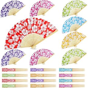 Lineshading 12 Pcs Hibiscus Floral Folding Hand Fans Bulk for Party Tropical Summer Hawaiian Luau Folding Handheld Fan with Bamboo Frames Hibiscus Paper Fans for Women Havana Party Supplies in Kuwait