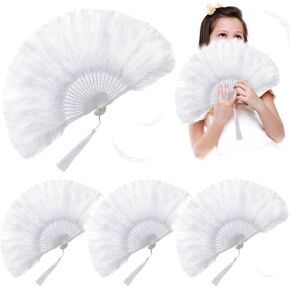 Kigley 4 Pieces Marabou Feather Fan Wedding Party Favors Gift Large Handheld Feather Fans for Women Foldable 20s Vintage Flapper Costume Party Dancing Show Tea Party Wedding Decoration(White)