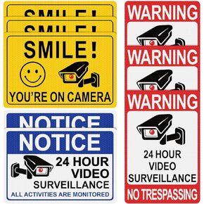 8 Pcs 24 Hour Video Surveillance Sticker Reflective Sticker Decal Self Adhesive Video Surveillance Sign Outdoor Smile Camera Sign for Indoor and Outdoor Use (Yellow, Red Whte, Blue White,Stylish Style)