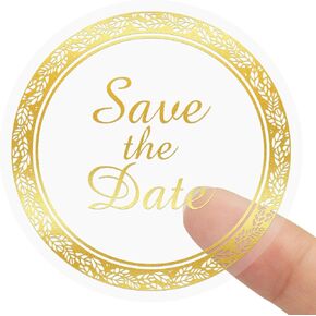 Anwyll Save The Date Stickers,100Pcs 1.6Inch Envelope Seals Labels Stickers for Wedding,Self-Adhesive Clear Metal Gold Foil Wedding Envelope Stickers for Invitation Card Treat Bag Party Bridal Shower