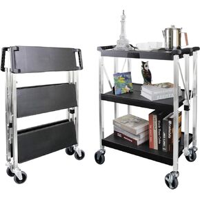 APOXCON Folding Service Cart,3-Tier Stainless Steel Frame Rolling Cart with 360° Swivel Wheels, Multi Use Foldable Trolley 220LB Capacity for Restaurant, Kitchen, Office Home