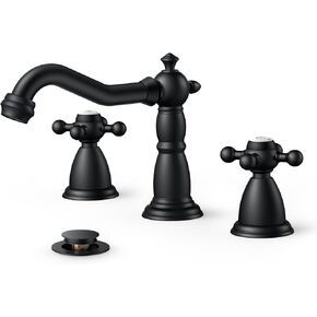 FORIOUS 3 Hole Bathroom Faucets, Matte Black Antique Brass Bathroom Sink Faucet Two Handle, 8 inch Widespread Bathroom Faucet with Metal Pop-up Drain & CUPC Hose, Vintage Bathroom Faucet for Farmhouse