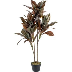 MyGift 4ft Tall Artificial Ficus Ruby Rubber Tree Plant Potted in Black Round Planter Pot, Floor Standing Faux Houseplant Elastica Burgundy with Large Green Purplish Leaves