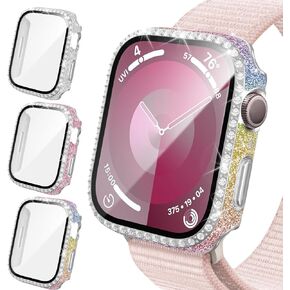 3 Pack Bling Case Compatible with Apple Watch 40mm SE (2nd Gen)/SE/Series 6/5/4, Glitter Diamond Rhinestone Hard PC Bumper Cover with Tempered Glass Screen Protector for iWatch 40mm Accessories