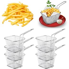 6 Pcs Mini Square Fry Basket Stainless Steel French Fries Holder Deep Fryer Baskets with Handles, Table Serving Frying Chips Baskets, French Fry Holder for Kitchen Party Barbecue, Silver