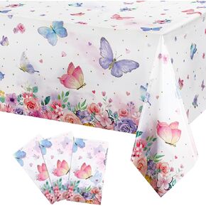 Pajean 3 Pieces Butterfly Birthday Tablecloth Watercolor Purple Butterfly Table Covers Butterflies Party Table Cover Rectangular Plastic Tablecloth for Spring Themed Party Table Decor, 108 x 54 Inch