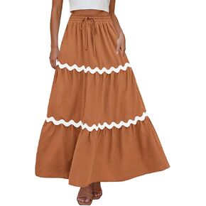 تنورة ماكسي نسائية صيفية بوهو برباط مرنة عالية الخصر من كيروندو 2024 تنانير طويلة غير رسمية للشاطئ على شكل حرف a مع جيوب in Kuwait