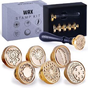 Hoppler Wax Seal Kit Having 6 PCS Wax Seal Stamp Heads, 1 PC Wood Handle Perfect Wax Stamp Seal Kit for Letter Sealing with Different Patterns for Gift Box Sealing
