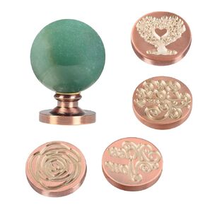 TUMBEELLUWA Crystal Wax Seal Stamp Set, 1 Sphere Stone Hilt and 4 Copper Seals for Envelope, Party Invitation, Greeting Card, Rose Quartz Handle + Tree of Life + Luck + Birthday + Christmas
