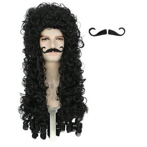 karlery Long Curly Black Wig and Moustache Halloween Pirate Captain Cosplay Party Costume Wig