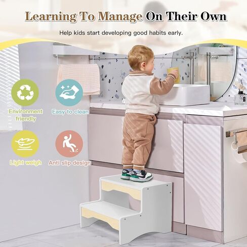 Frogprin خشبية طفل خطوة البراز، 2 خطوة البراز للأطفال بالوعة الحمام، قعادة بيضاء خطوة البراز للأطفال، الطفل يخطو البراز للمطبخ الحضانة غرفة نوم مزدوجة الارتفاع، قوي غير قابل للانزلاق للأطفال البالغين in Kuwait