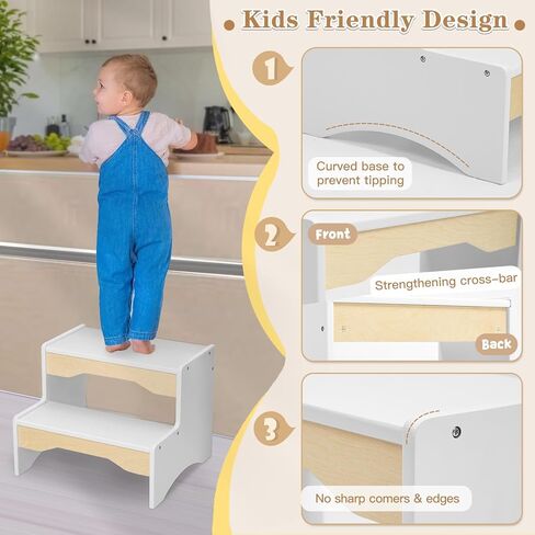 Frogprin خشبية طفل خطوة البراز، 2 خطوة البراز للأطفال بالوعة الحمام، قعادة بيضاء خطوة البراز للأطفال، الطفل يخطو البراز للمطبخ الحضانة غرفة نوم مزدوجة الارتفاع، قوي غير قابل للانزلاق للأطفال البالغين in Kuwait