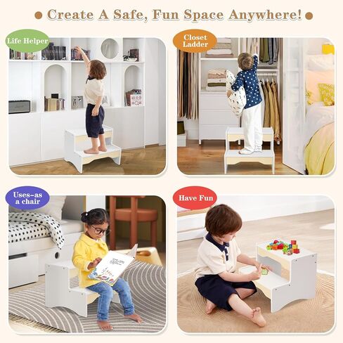 Frogprin خشبية طفل خطوة البراز، 2 خطوة البراز للأطفال بالوعة الحمام، قعادة بيضاء خطوة البراز للأطفال، الطفل يخطو البراز للمطبخ الحضانة غرفة نوم مزدوجة الارتفاع، قوي غير قابل للانزلاق للأطفال البالغين in Kuwait