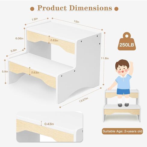 Frogprin خشبية طفل خطوة البراز، 2 خطوة البراز للأطفال بالوعة الحمام، قعادة بيضاء خطوة البراز للأطفال، الطفل يخطو البراز للمطبخ الحضانة غرفة نوم مزدوجة الارتفاع، قوي غير قابل للانزلاق للأطفال البالغين in Kuwait
