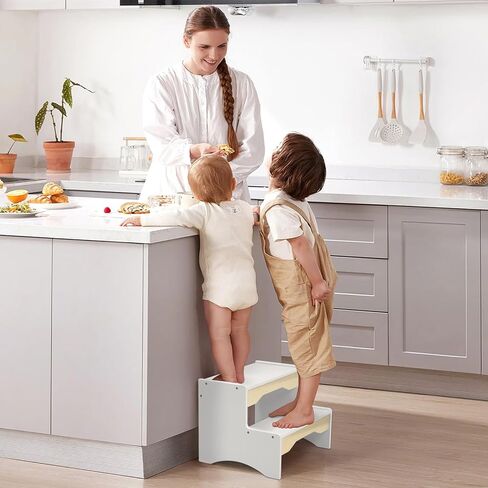 Frogprin خشبية طفل خطوة البراز، 2 خطوة البراز للأطفال بالوعة الحمام، قعادة بيضاء خطوة البراز للأطفال، الطفل يخطو البراز للمطبخ الحضانة غرفة نوم مزدوجة الارتفاع، قوي غير قابل للانزلاق للأطفال البالغين in Kuwait