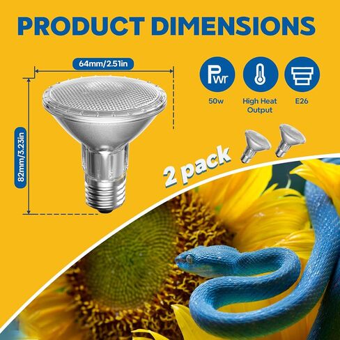 GlowUp 50W Reptile Heat Lamp Bulb,E26 Dimmable Basking Bulb,PAR20 Heat Bulb for Reptiles,2700K Warm White Tortoise Heat Bulb for Lizards Snakes Bearded Dragon Aquarium-2Pack in Saudi Arabia