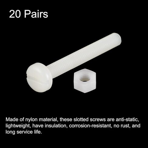 uxcell 20 Pairs Nylon Screw Nut Assortment, M6x35mm Slotted Pan Head Screws & M6 Hex Nuts for Machinery, Electronics, White in Saudi Arabia