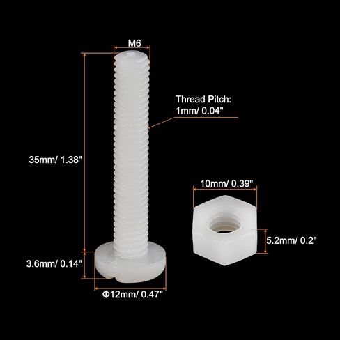 uxcell 20 Pairs Nylon Screw Nut Assortment, M6x35mm Slotted Pan Head Screws & M6 Hex Nuts for Machinery, Electronics, White in Saudi Arabia