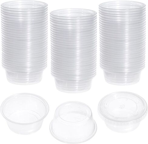 STACKABLES Pack of 150 Plastic Small Portion Cups with Lids 3.35oz ~ Soufle Cups, Sauce Pot with Lids, Portion Cups with Lids ~ Take Away Chutney Ketchup, Jelly Shot & Salad Dressing Cups in Saudi Arabia