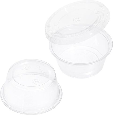 STACKABLES Pack of 150 Plastic Small Portion Cups with Lids 3.35oz ~ Soufle Cups, Sauce Pot with Lids, Portion Cups with Lids ~ Take Away Chutney Ketchup, Jelly Shot & Salad Dressing Cups in Saudi Arabia