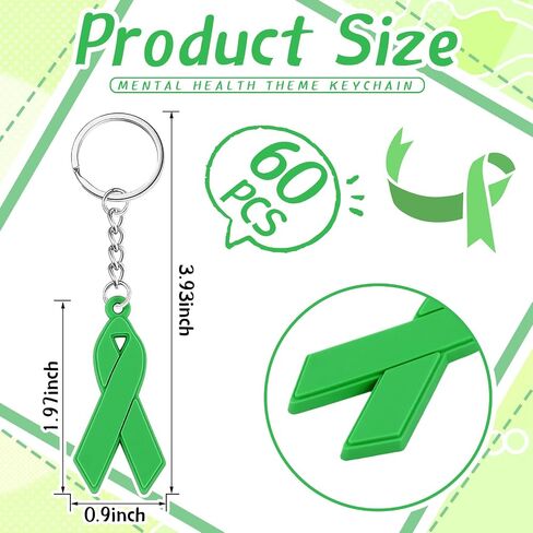 Taiyin 60 Pcs Mental Health Awareness Keychain Green Ribbon Jewelry Health Cerebral Palsy Organ Donor Awareness Public Charity Events Favor in Saudi Arabia