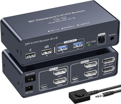 PVBCTCSID DisplayPort KVM Switch 2 شاشات 2 أجهزة كمبيوتر 8K @ 60HZ 4K @ 120HZ الألومنيوم KVM Switch شاشة مزدوجة KVM Switcher 2 شاشات لجهازي كمبيوتر مشاركة 4 أجهزة USB مع وحدة تحكم سطح المكتب in Kuwait