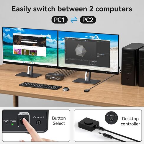 PVBCTCSID DisplayPort KVM Switch 2 شاشات 2 أجهزة كمبيوتر 8K @ 60HZ 4K @ 120HZ الألومنيوم KVM Switch شاشة مزدوجة KVM Switcher 2 شاشات لجهازي كمبيوتر مشاركة 4 أجهزة USB مع وحدة تحكم سطح المكتب in Kuwait