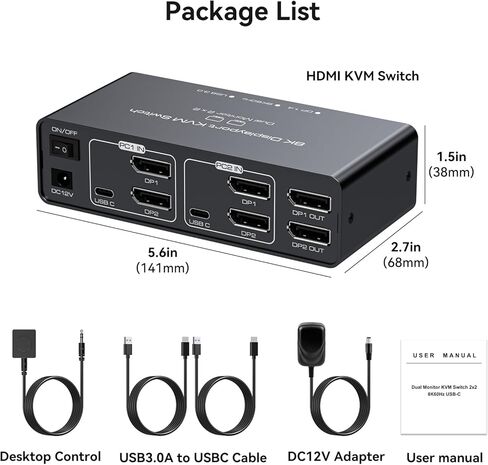 PVBCTCSID DisplayPort KVM Switch 2 شاشات 2 أجهزة كمبيوتر 8K @ 60HZ 4K @ 120HZ الألومنيوم KVM Switch شاشة مزدوجة KVM Switcher 2 شاشات لجهازي كمبيوتر مشاركة 4 أجهزة USB مع وحدة تحكم سطح المكتب in Kuwait