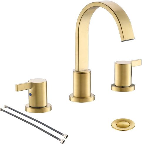 Phiestina 8 Inch 3 Hole 2 Handle Waterfall Widespread Brushed Gold Bathroom Sink Faucet with Metal Pop-Up Drain, WF040-1-BG in Saudi Arabia