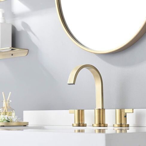 Phiestina 8 Inch 3 Hole 2 Handle Waterfall Widespread Brushed Gold Bathroom Sink Faucet with Metal Pop-Up Drain, WF040-1-BG in Saudi Arabia